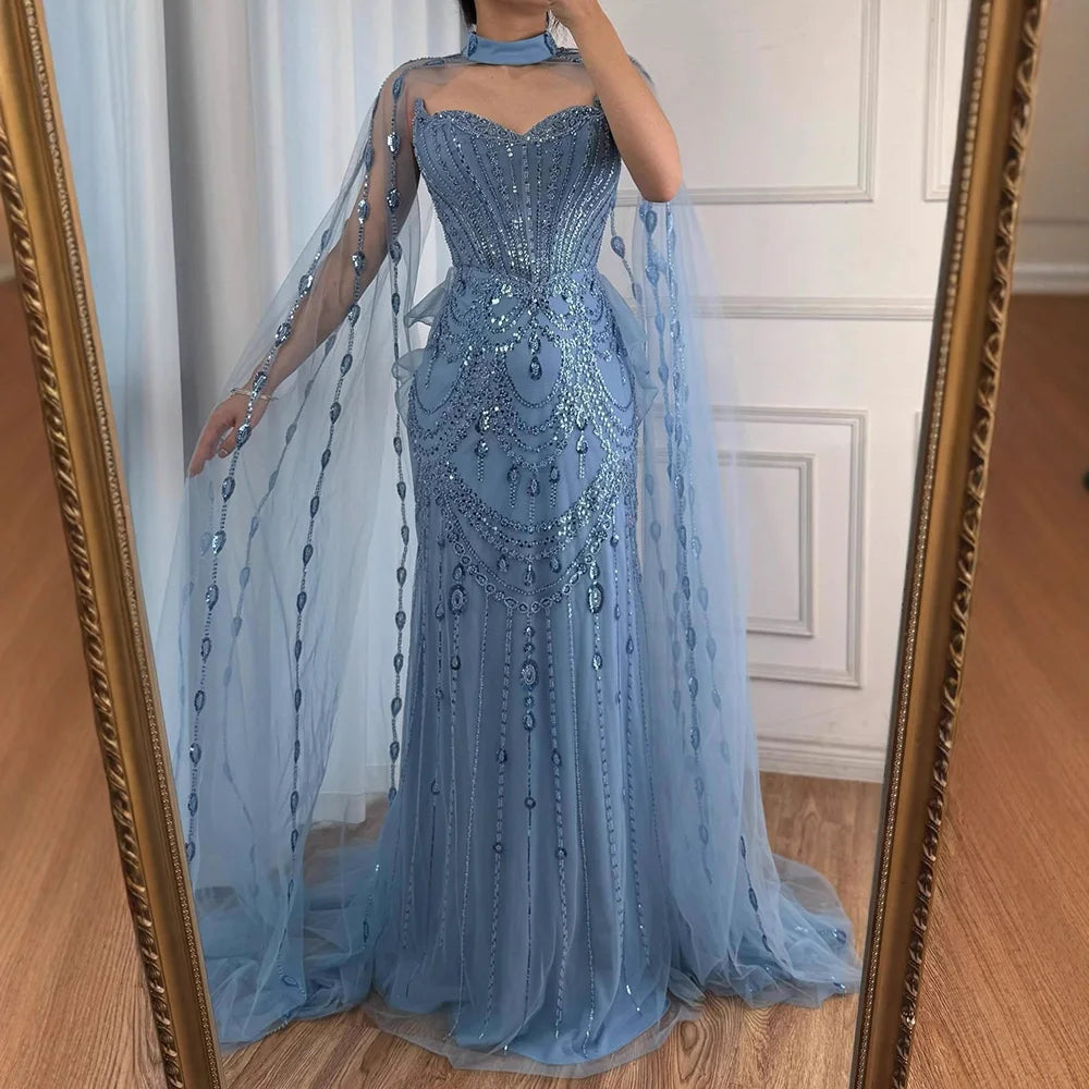 Luxury Blue Sequin Beaded Evening Dress with Cape Sleeves LA73108 - SERENE HILL