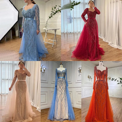 Serene Hill Blue Mermaid Luxury Pearls Beaded Arabic Elegant Evening Dresses Gowns For Woman Wedding Party LA71861 - SERENE HILL