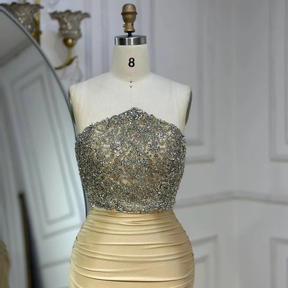 Luxury Dubai Saudi Arabic Gold Elegant Evening Gown Crystal Beaded Dress for Formal Occasion LA72759 - SERENE HILL