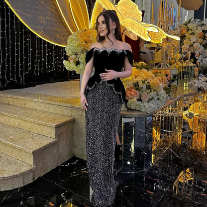 Elegant Black Off Shoulder Pearl Sequin Evening Gown LA73206 - SERENE HILL