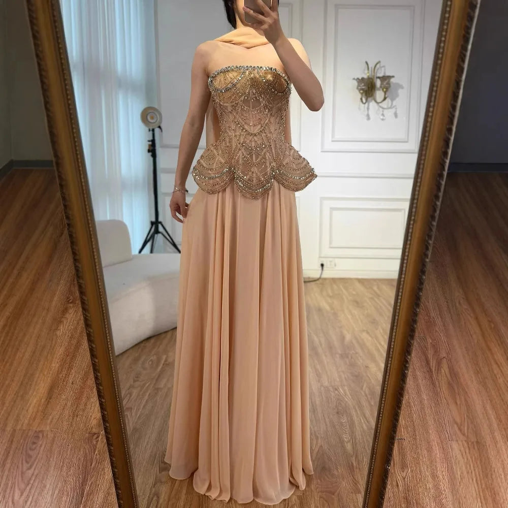 Luxury Designer Nude Beaded Chiffon Evening Dress LA72915 Nude / 2 Luxury Designer Nude Beaded Chiffon Evening Dress LA72915 Nude / 2