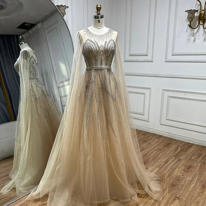 Luxury Dubai Nude Blue Elegant A-Line Beaded Long Arabic Evening Dresses Gowns with Cape Sleeves for Formal Occasion LA72785 - SERENE HILL