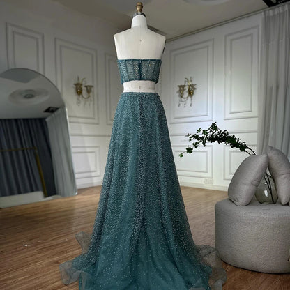 Luxury Dubai Customize Saudi Turquoise Two-Piece Evening Dress with High Split for Formal Occasion LA72786 - SERENE HILL