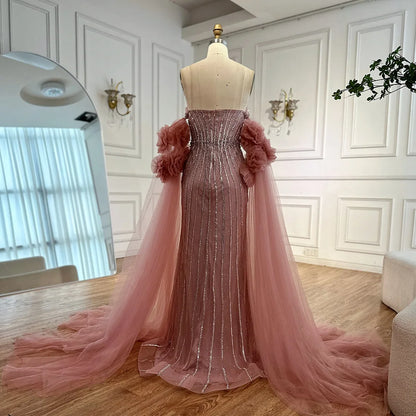 Luxury Pink Beaded Mermaid Arabic Evening Dress with Cape LA73019 - SERENE HILL