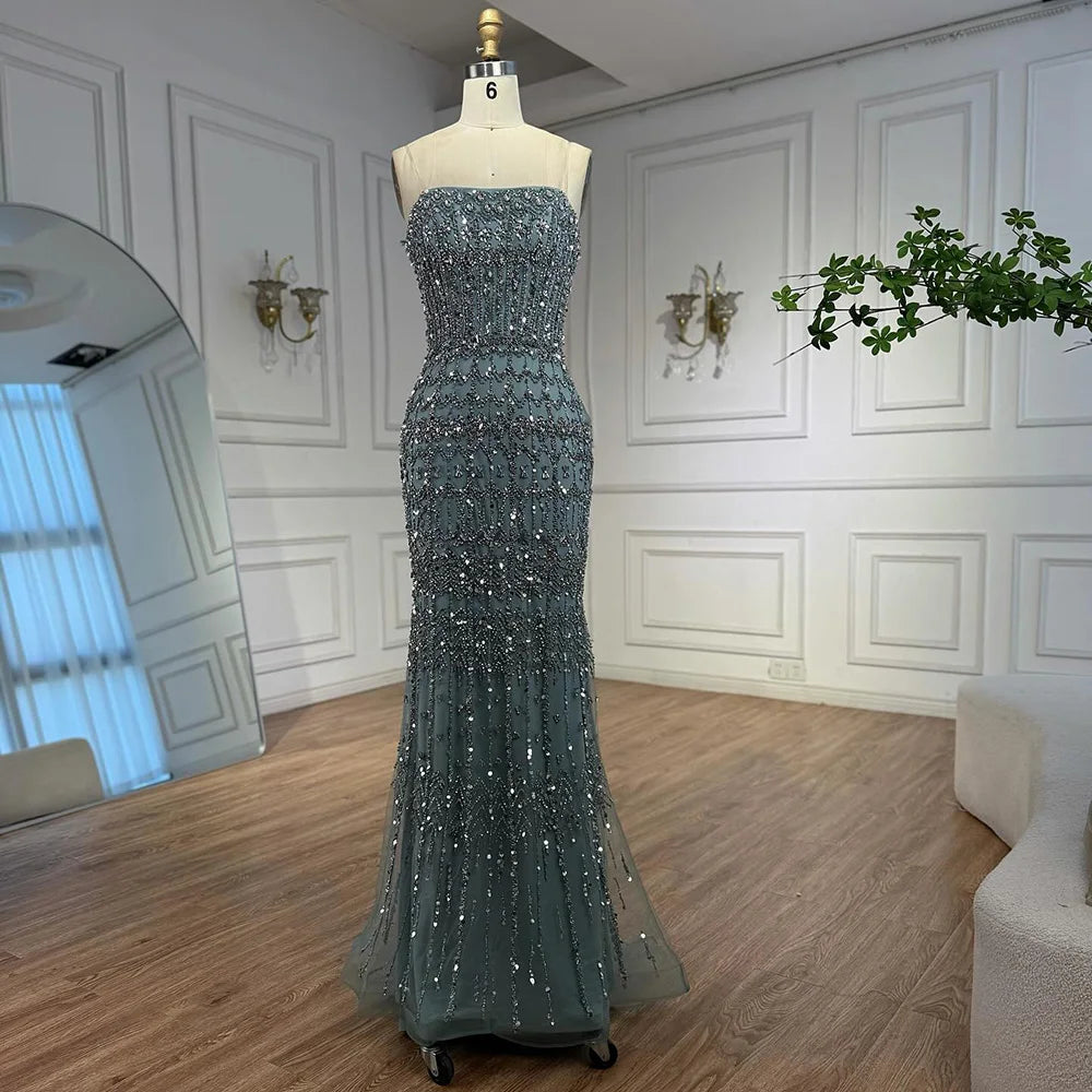 Luxury Turquoise Beaded Evening Dress with Detachable Cape LA72714B - SERENE HILL