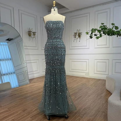 Luxury Turquoise Beaded Evening Dress with Detachable Cape LA72714B - SERENE HILL