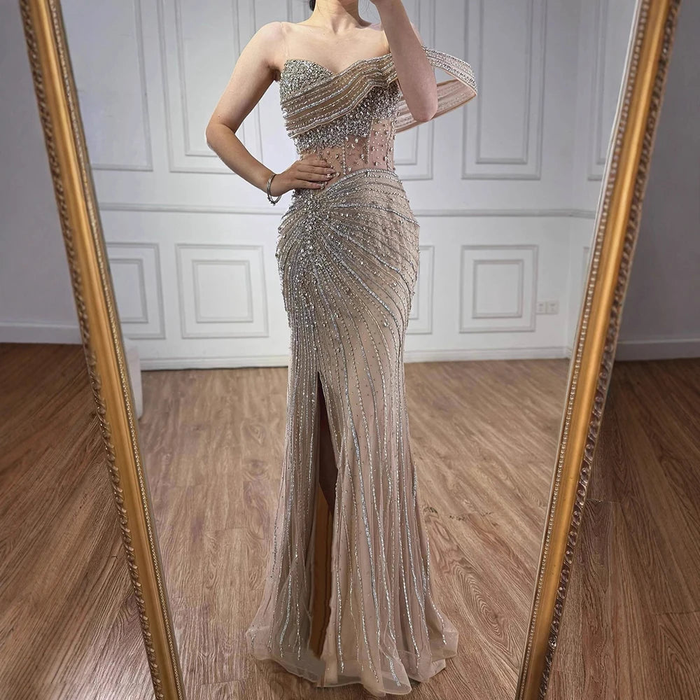 Luxury Pink Crystal One Shoulder Beaded Evening Dress Split LA73197 nude / 6 Luxury Pink Crystal One Shoulder Beaded Evening Dress Split LA73197 nude / 6
