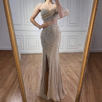 Luxury Pink Crystal One Shoulder Beaded Evening Dress Split LA73197 - SERENE HILL
