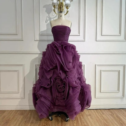 Luxury Purple 3D Rose Flower Strapless Princess Evening Dress LA73176 - SERENE HILL