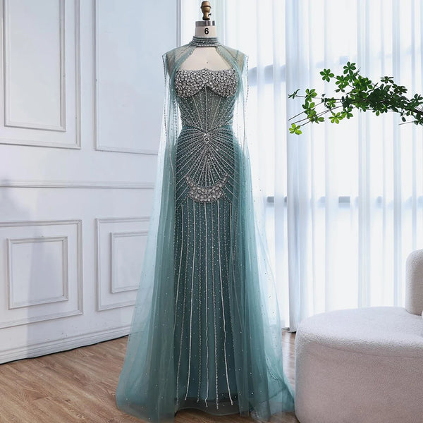 Luxury Turquoise Crystal Beaded Evening Dress with Cape LA73202