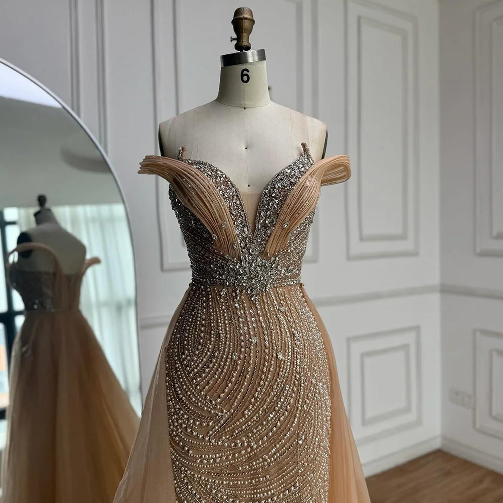 Luxury Nude Mermaid Off Shoulder Beaded Evening Dress with Overskirt LA73131 - SERENE HILL