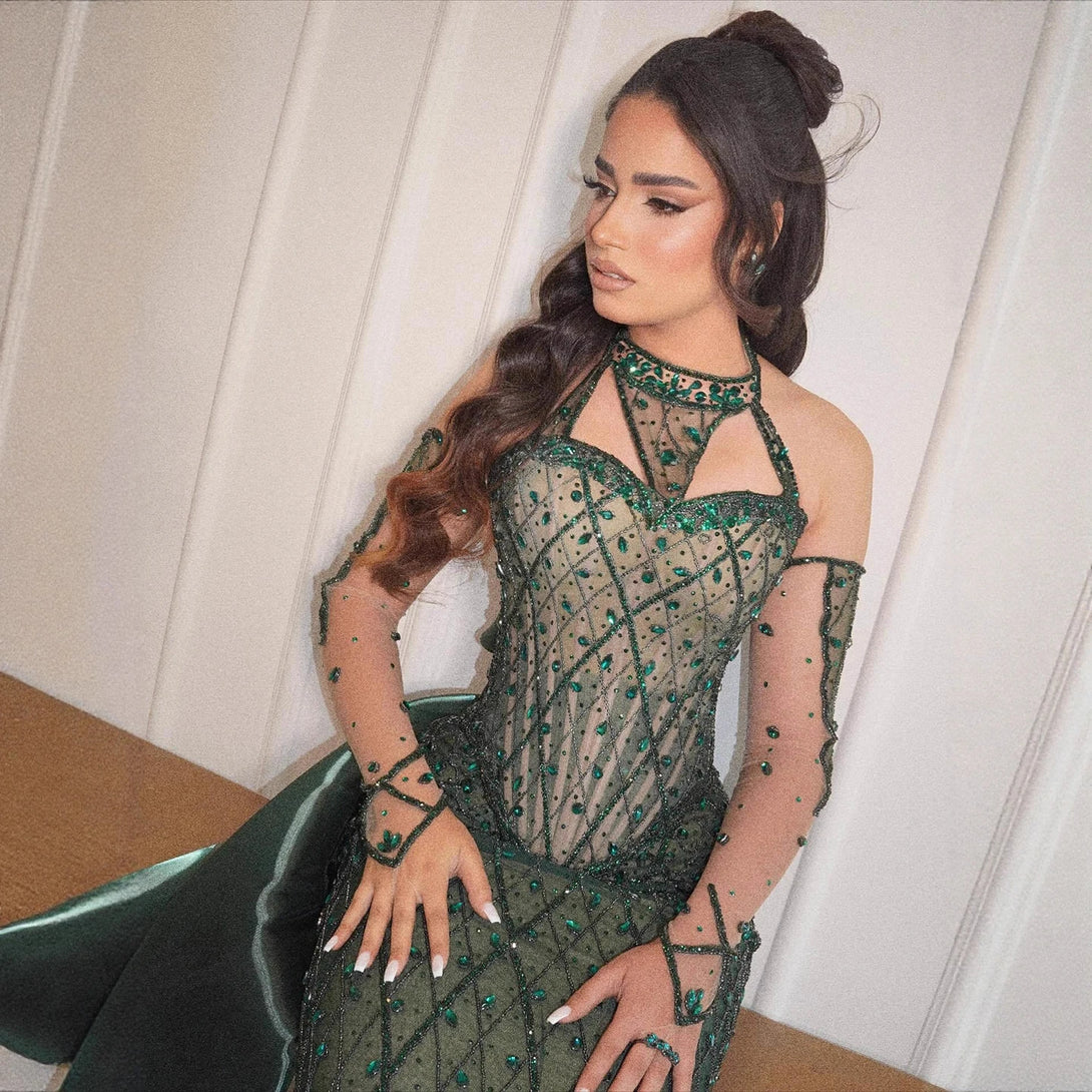 white christmas dresses Luxury Green Halter Beaded Dubai Corset Evening Dress LA73322 Green / 6