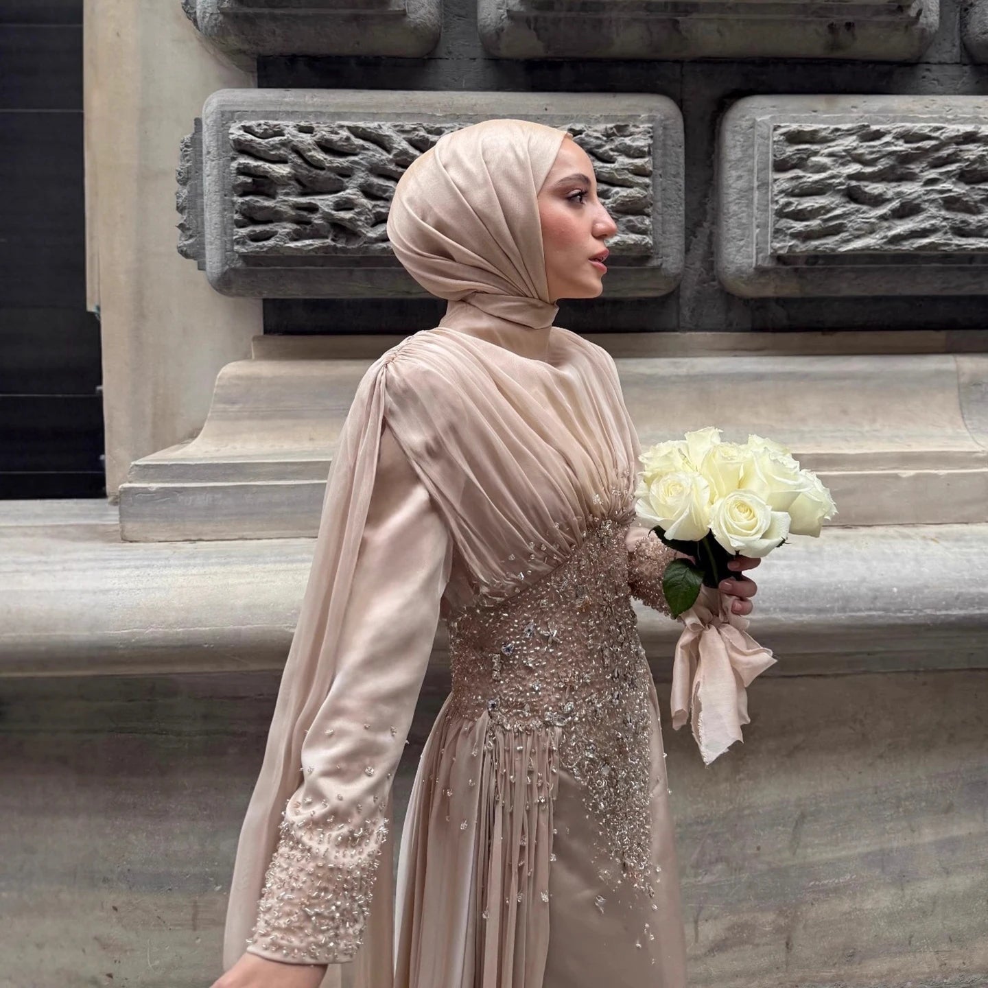 Luxury Caramel Crystal Beaded Mermaid Muslim Evening Dress LA73427 - SERENE HILL