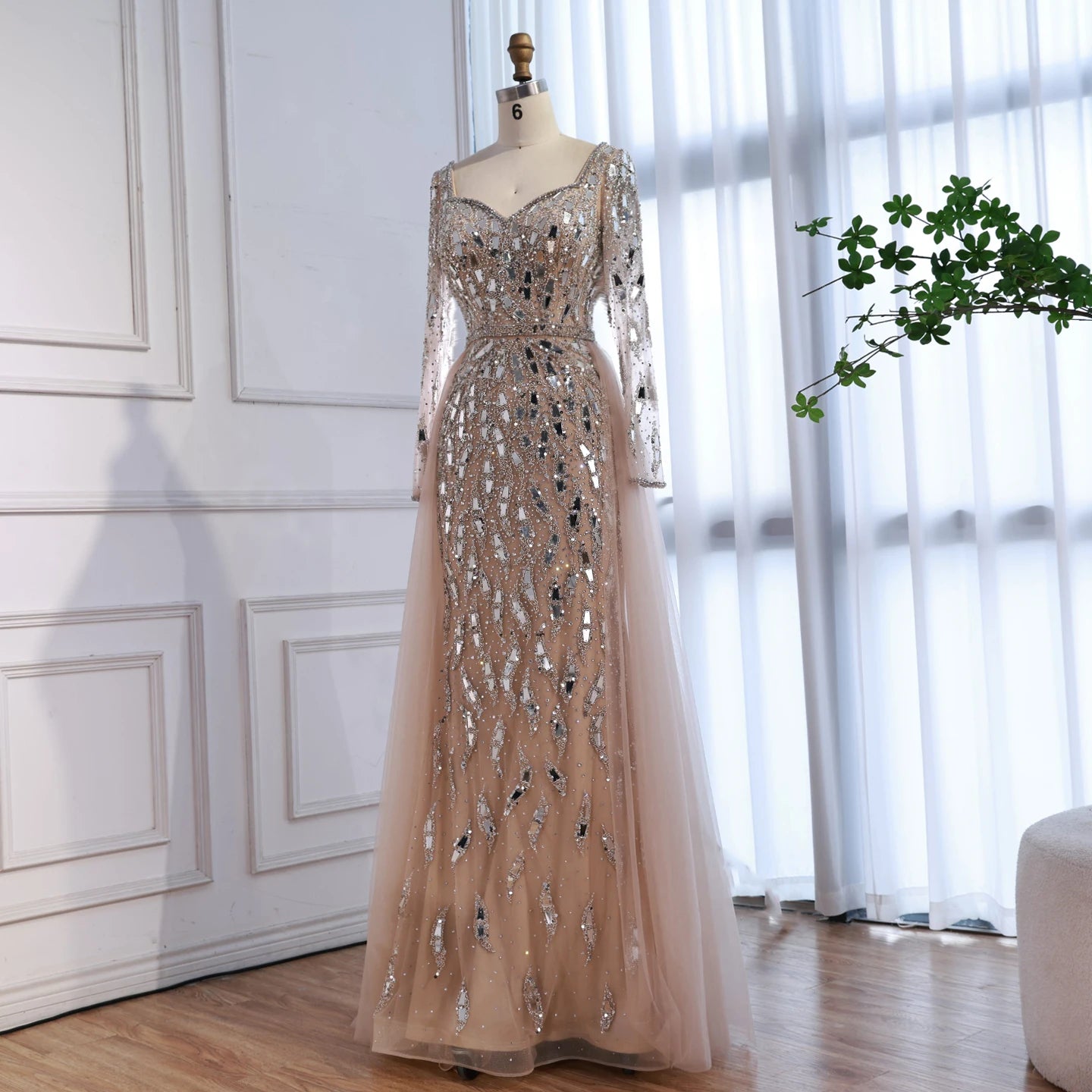 Luxury Arabic Nude Long Sleeve Mermaid Evening Dress LA73113A - SERENE HILL