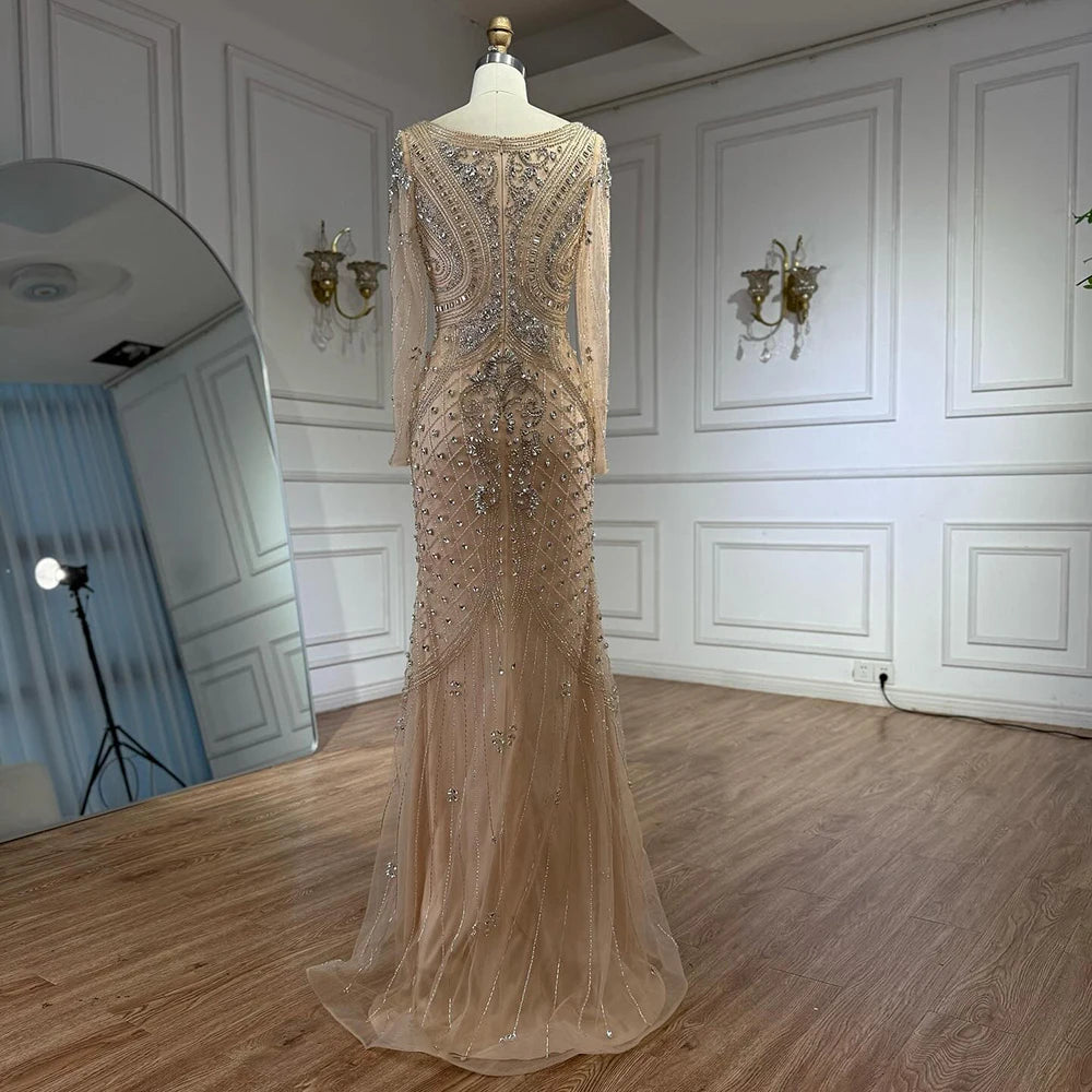 Luxury Nude Long Sleeve Beaded Mermaid Evening Dress LA73155 - SERENE HILL