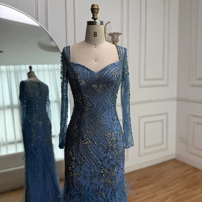Arabic Blue Feather Beaded Mermaid Evening Dress for Women LA71818 - SERENE HILL