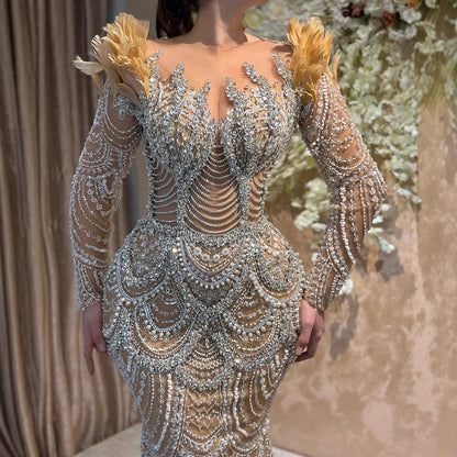 Luxury Nude Beaded Feather Long Sleeve Mermaid Evening Dress LA73348 - SERENE HILL
