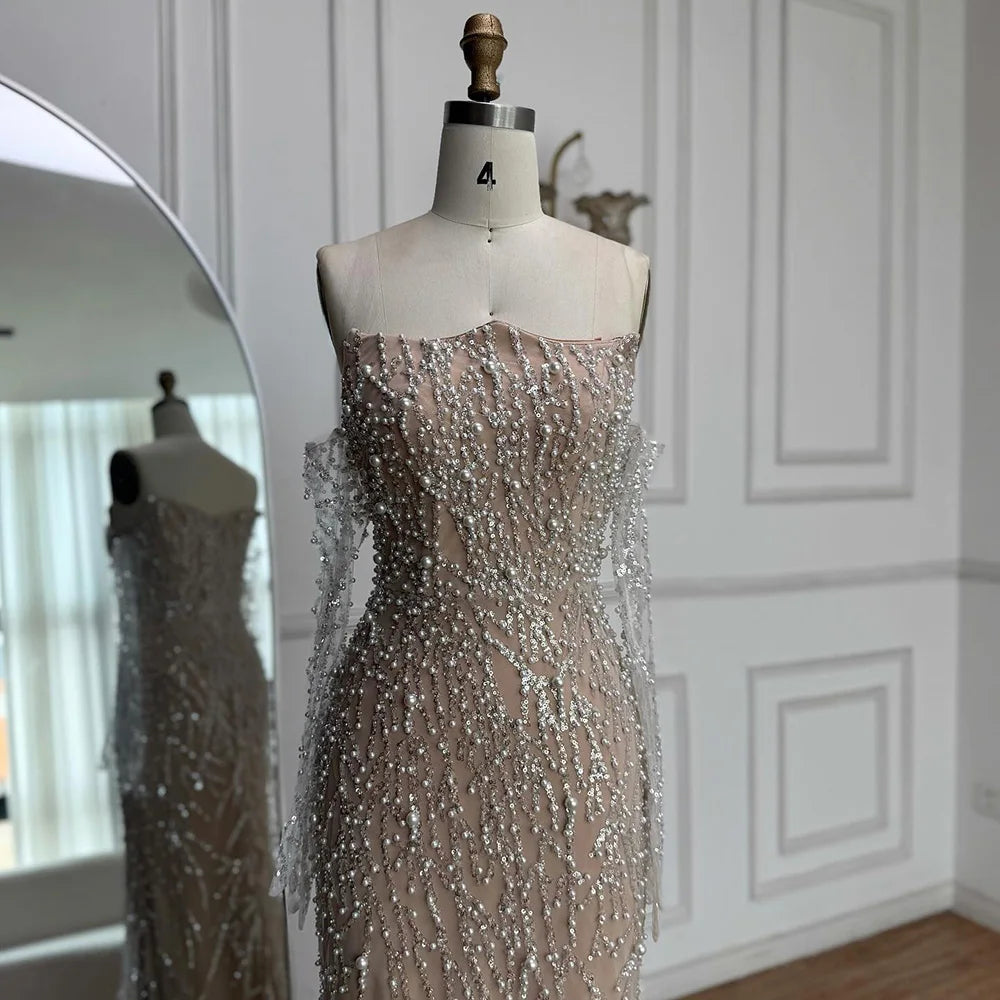 Luxury Nude Pearl Beaded Mermaid Evening Gown with Gloves LA72345C - SERENE HILL