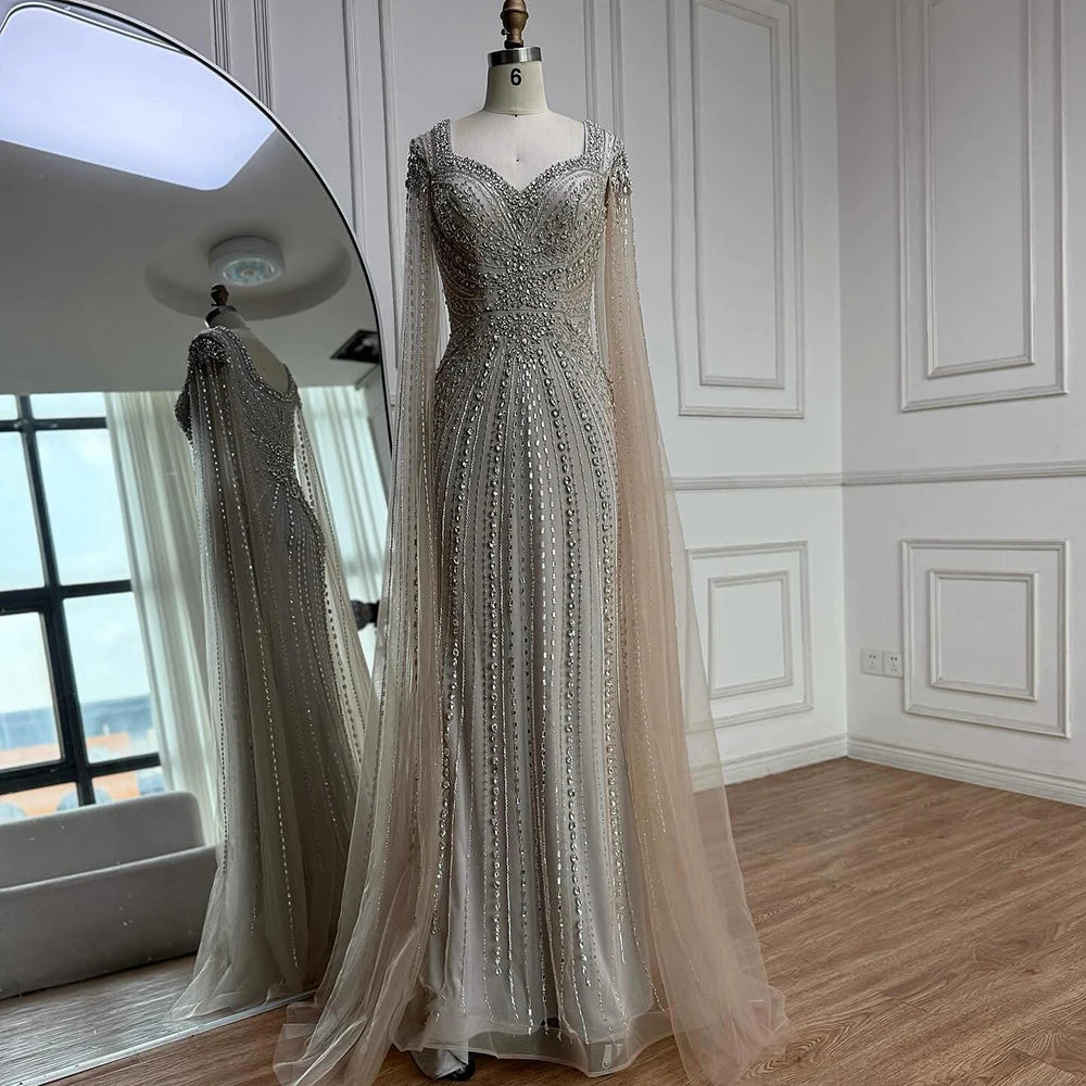 Luxury Arabic Nude Beaded Evening Dress with Cape Sleeves LA73181 - SERENE HILL