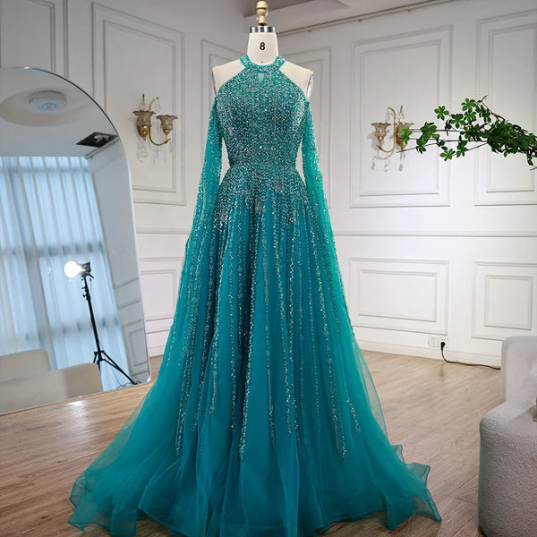 Luxury Turquoise Beaded A Line Evening Dress with Cape Sleeves LA72820