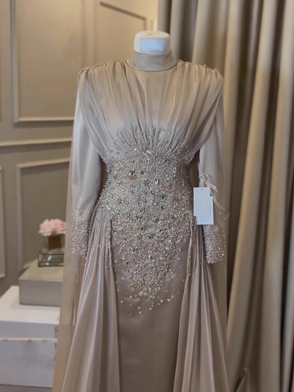 Luxury Caramel Crystal Beaded Mermaid Muslim Evening Dress LA73427 - SERENE HILL