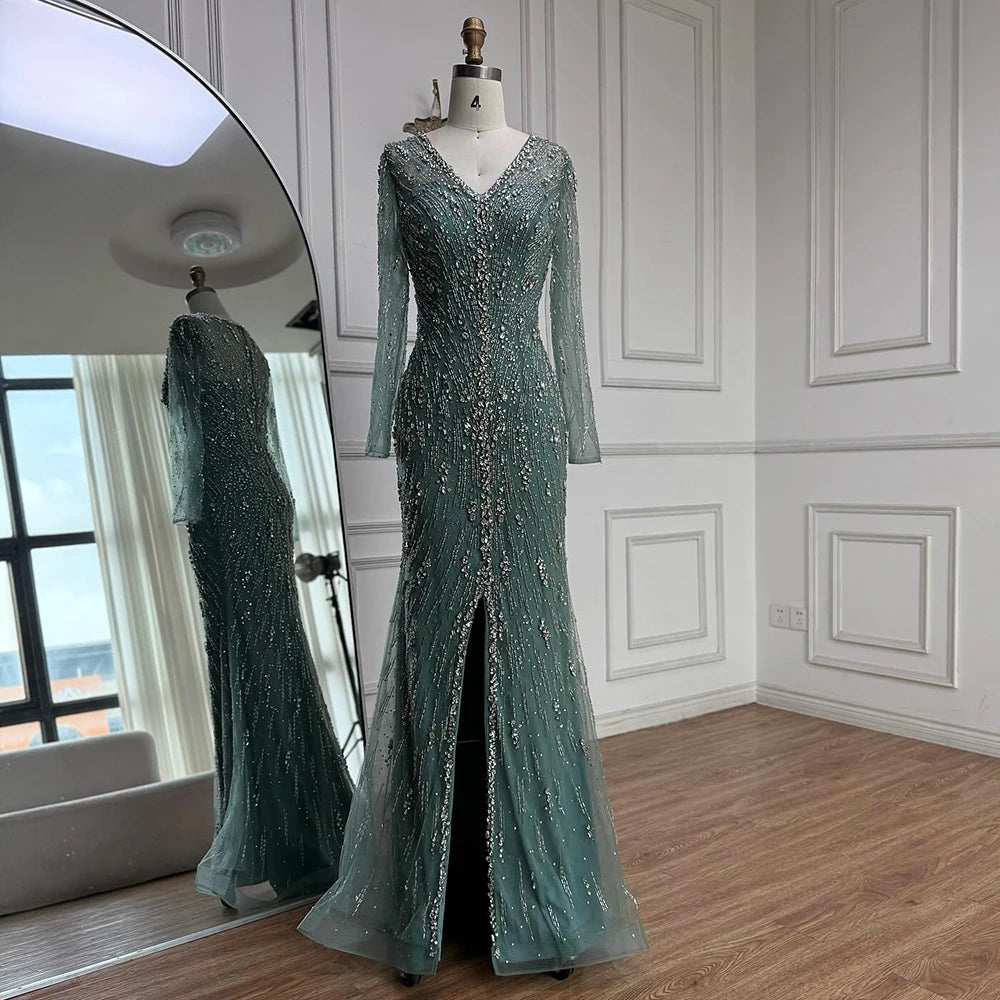 Luxury Turquoise Crystal Beaded Evening Dress Elegant Slit Gown LA73179 - SERENE HILL