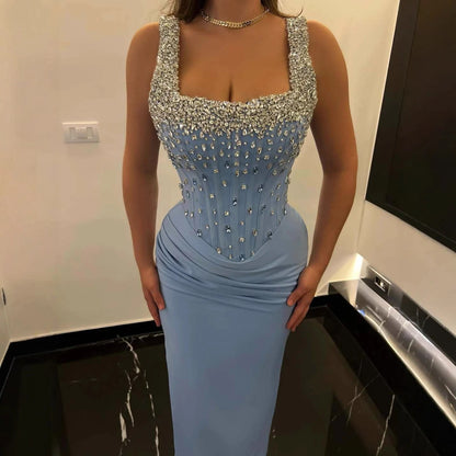 Luxury Blue Crystal Square Neck Corset Mermaid Evening Dress LA72739A - SERENE HILL
