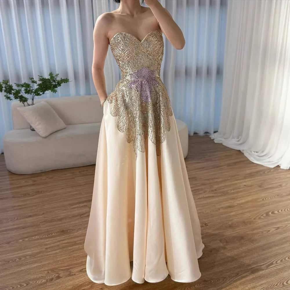 Luxury Pink Satin A-Line Beaded Evening Dress LA72195A - SERENE HILL