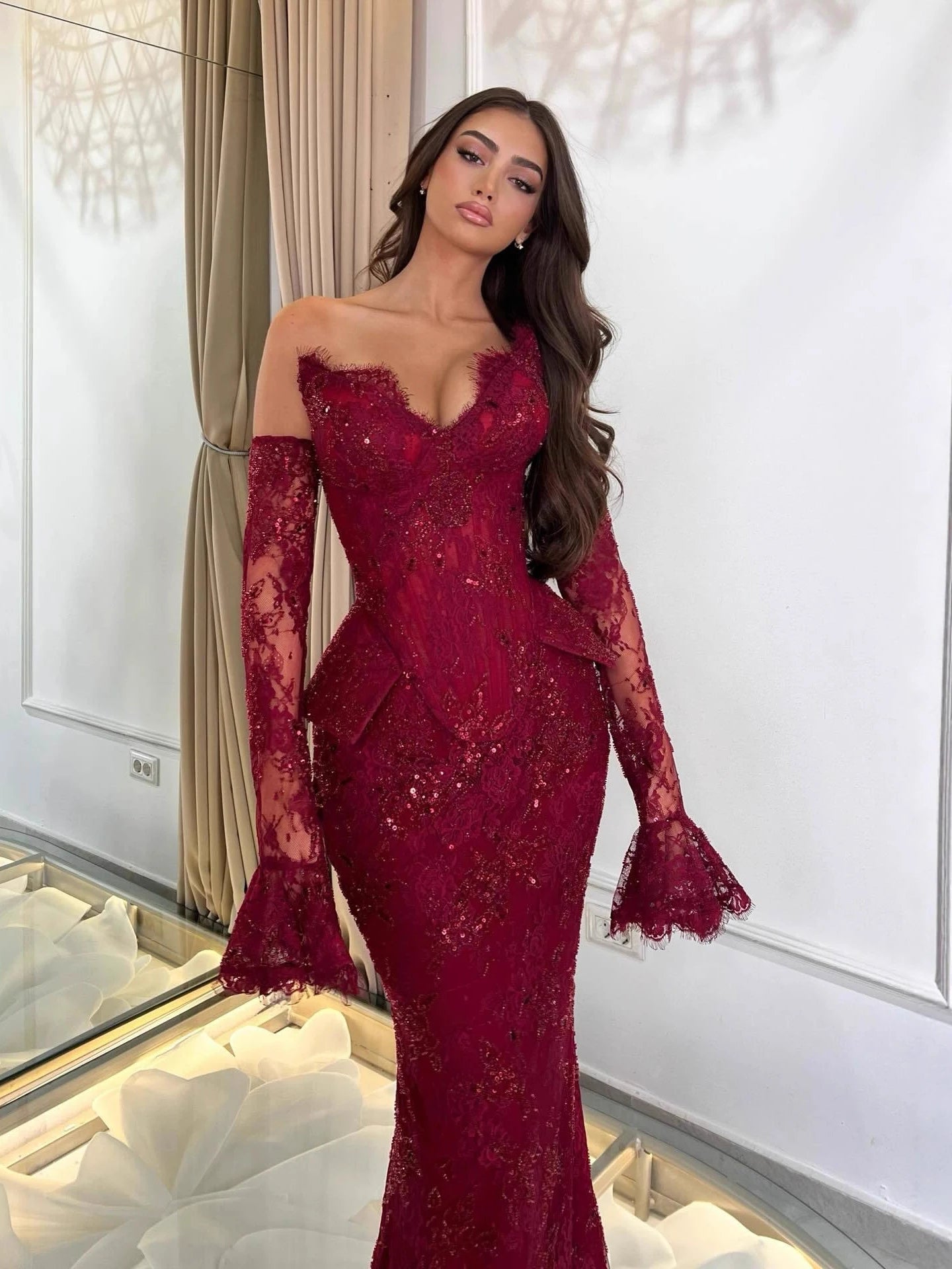 Luxury Wine Red Lace Beaded Mermaid Evening Dress LA73341 - SERENE HILL