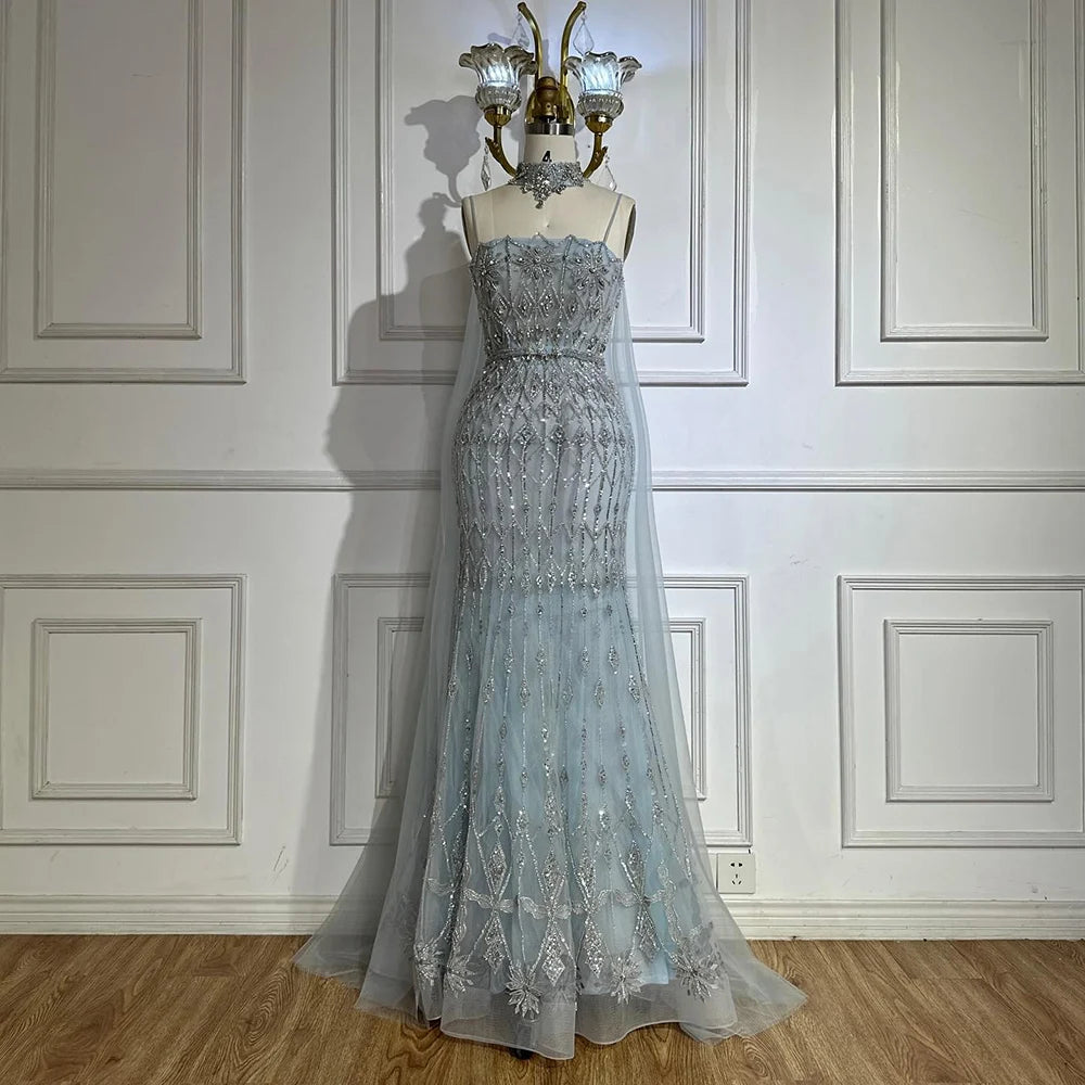 Luxury Nude Beaded Mermaid Evening Dress with Cape LA72711 - SERENE HILL