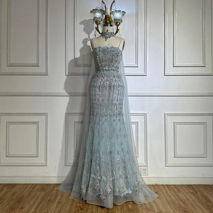 Luxury Nude Beaded Mermaid Evening Dress with Cape LA72711 - SERENE HILL