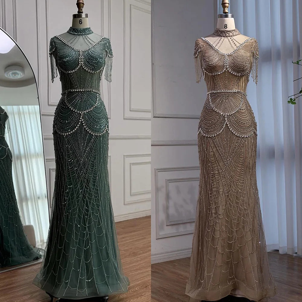 Luxury Turquoise High Neck Beaded Tassel Evening Dress for Women LA73112 - SERENE HILL