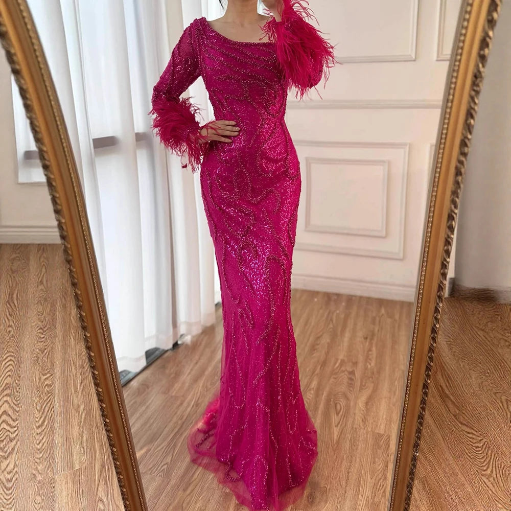 Royal Blue One-Shoulder Mermaid Evening Dress with Beads &amp; Feathers LA72395 - SERENE HILL