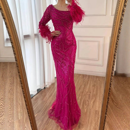 Royal Blue One-Shoulder Mermaid Evening Dress with Beads &amp; Feathers LA72395 - SERENE HILL