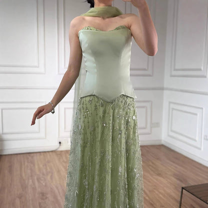 Luxury Sage Green and Pink Arabic Beaded Evening Dress LA72805D - SERENE HILL