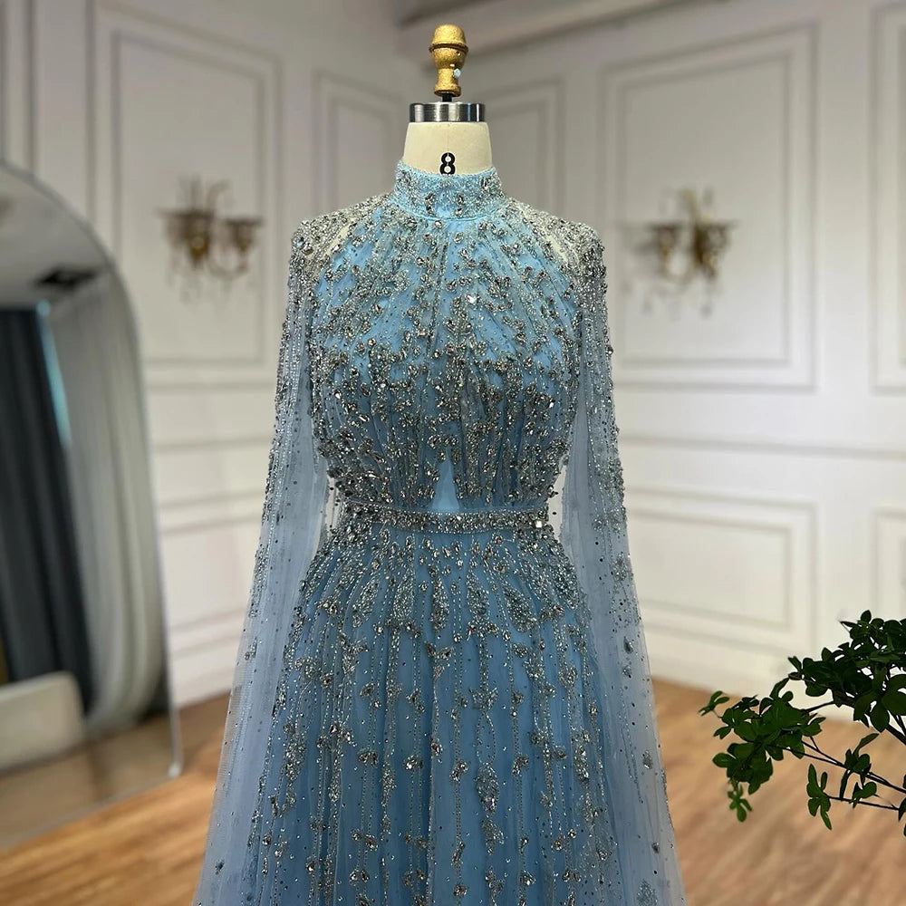 Luxury Blue Beaded A-Line Evening Gown with Cape Sleeves LA71803G - SERENE HILL