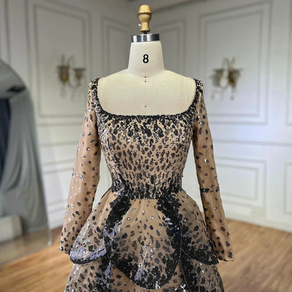 Luxury Black Nude Sequin Evening Dress with Long Sleeves LA72505B - SERENE HILL