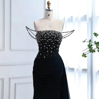 Luxury Black Beaded Mermaid Prom Dress with Spaghetti Straps LA73047 - SERENE HILL