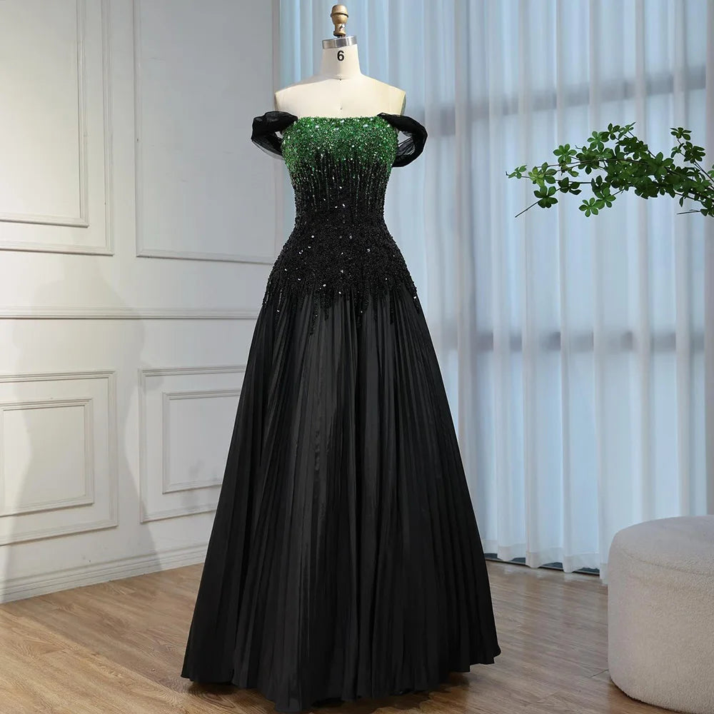 Luxury Beaded Black Green Off Shoulder Dubai Evening Dress for Party LA72406 - SERENE HILL