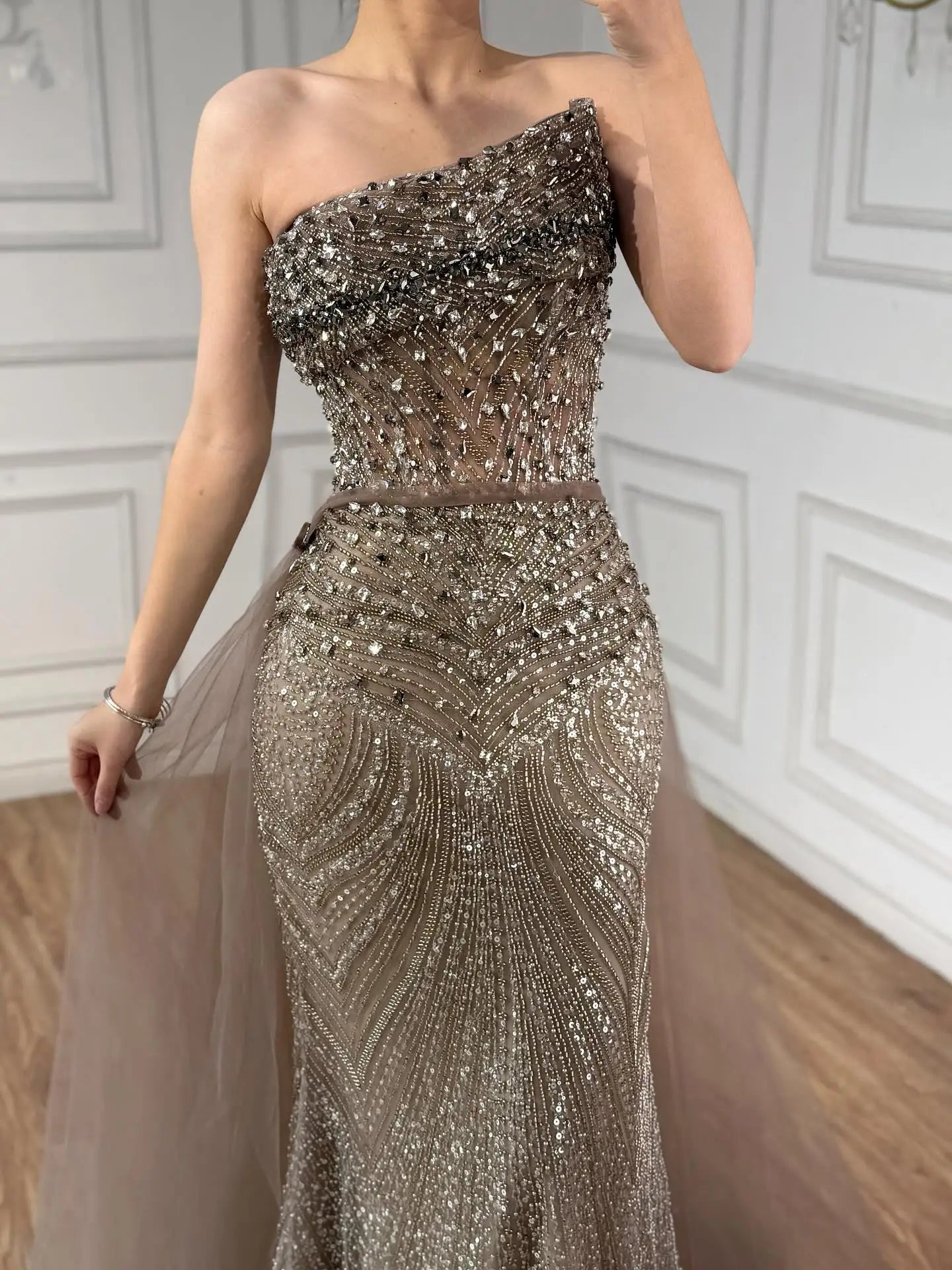 Luxury Olive Green Beaded Mermaid Evening Dress with Detachable Overskirt LA73164A - SERENE HILL
