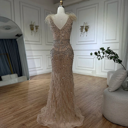 Luxury Dubai Arabic Blue Elegant Split Mermaid Beaded Feathers Long Evening Dresses Gowns for Formal Occasion LA72742 - SERENE HILL