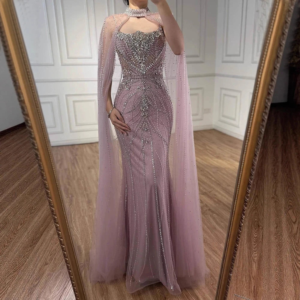 Luxury Dubai Nude Mermaid Evening Dress with Cape Sleeves LA73195 - SERENE HILL