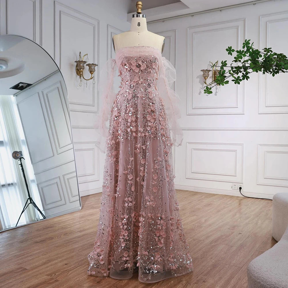 Elegant Pink 3D Flowers Evening Dress with Gloves LA72912 - SERENE HILL