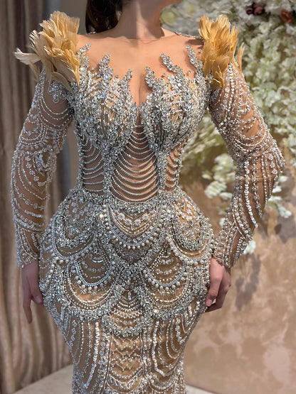 Luxury Nude Beaded Feather Long Sleeve Mermaid Evening Dress LA73348 - SERENE HILL