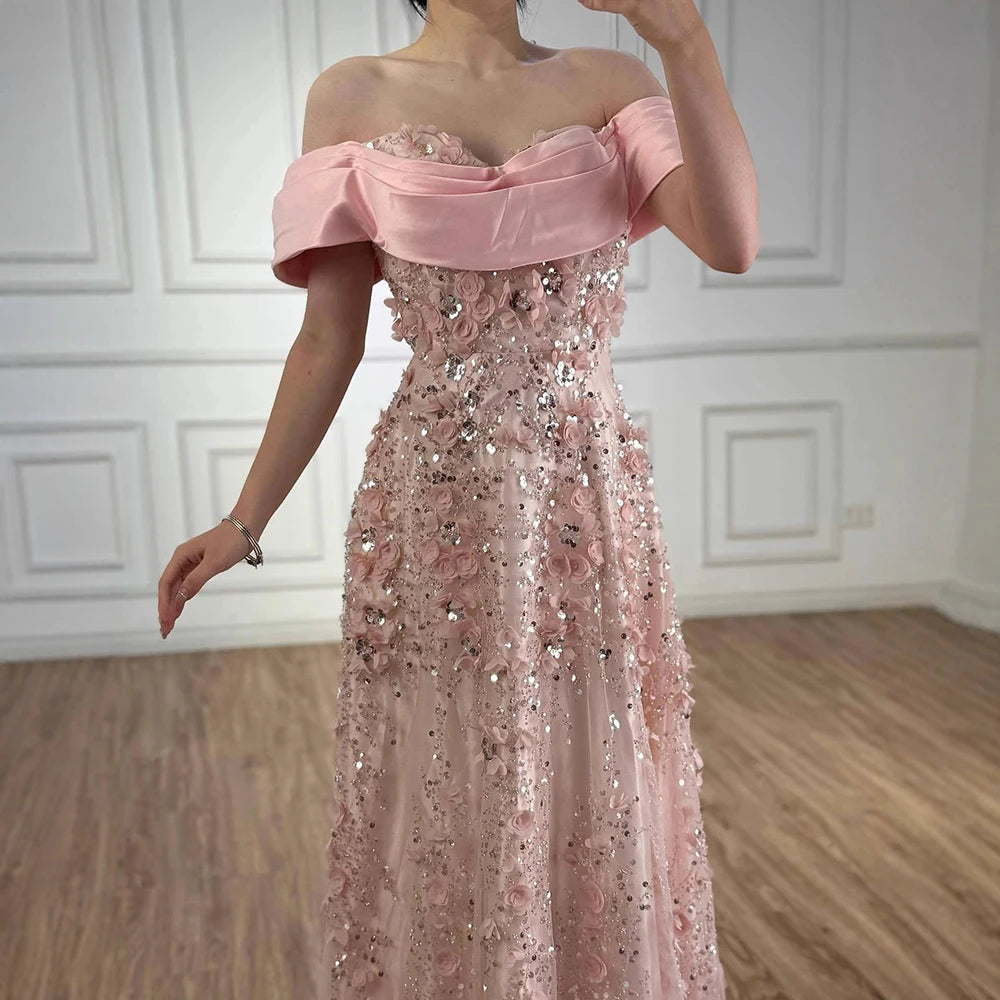 Luxury Pink A-Line Evening Dress with 3D Flowers &amp; Beads LA73157 - SERENE HILL