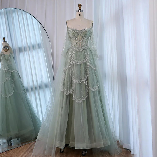Luxury Arabic Sage Green Beaded A-Line Evening Dress with Cape LA72605A