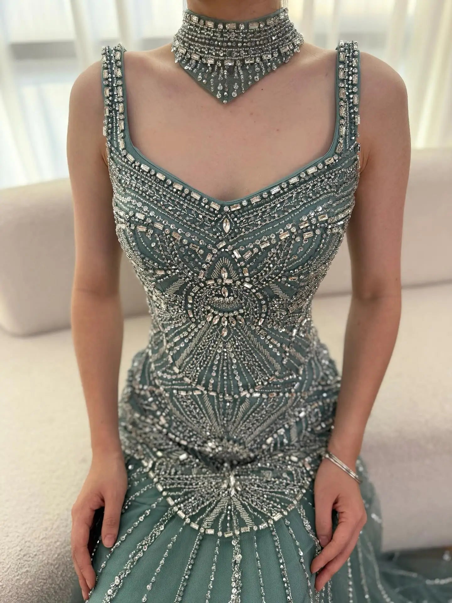 Luxury Turquoise Arabic Mermaid Beaded Evening Dress LA73189B - SERENE HILL