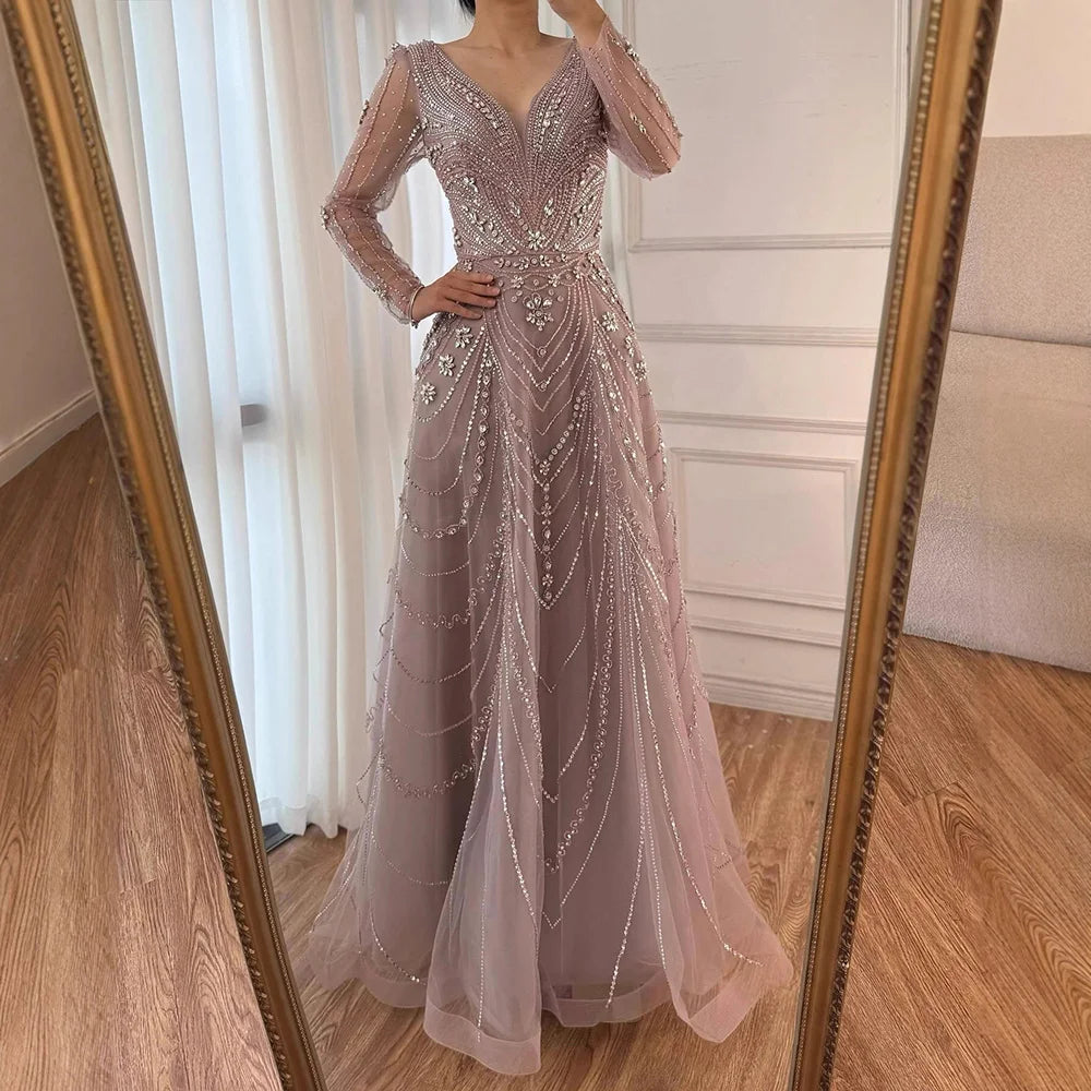 Luxury Pink Beaded A-Line Evening Dress with V Neck &amp; Long Sleeves LA73114 - SERENE HILL