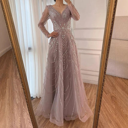 Luxury Pink Beaded A-Line Evening Dress with V Neck &amp; Long Sleeves LA73114 - SERENE HILL