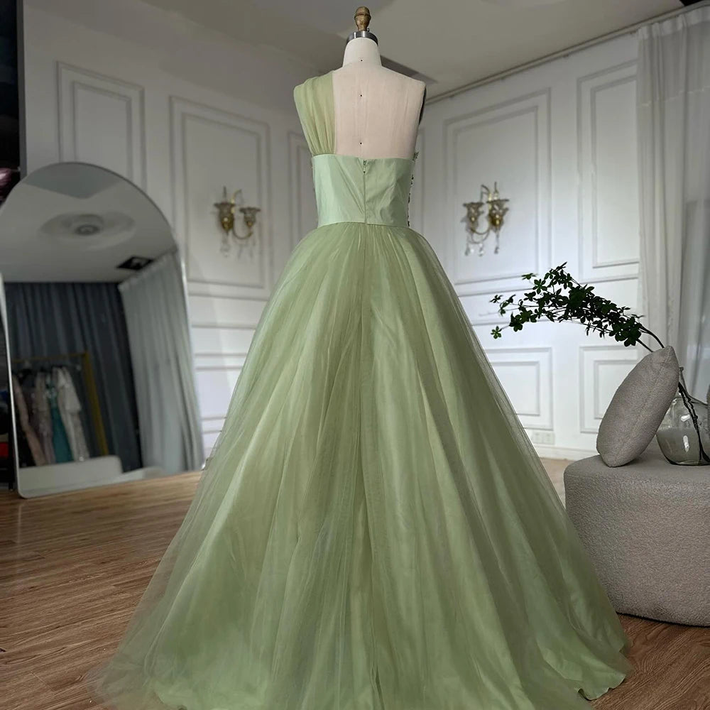 Luxury Dubai Sage Green Elegant One-Shoulder A-Line Appliques Long Arabic Evening Gown for Formal Occasion LA72783 - SERENE HILL